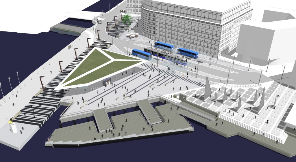 Nya Skeppsbron växer fram. Vi ligger på plan 7 med en svindlande utsikt över hamnen.